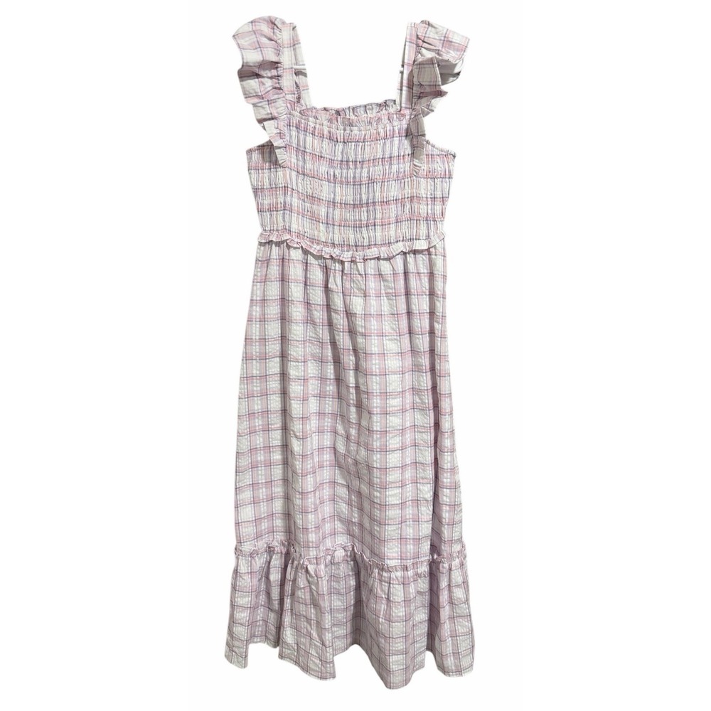 English Factory Plaid Midi Dress W/Ruffles White/Purple Women's Size Small